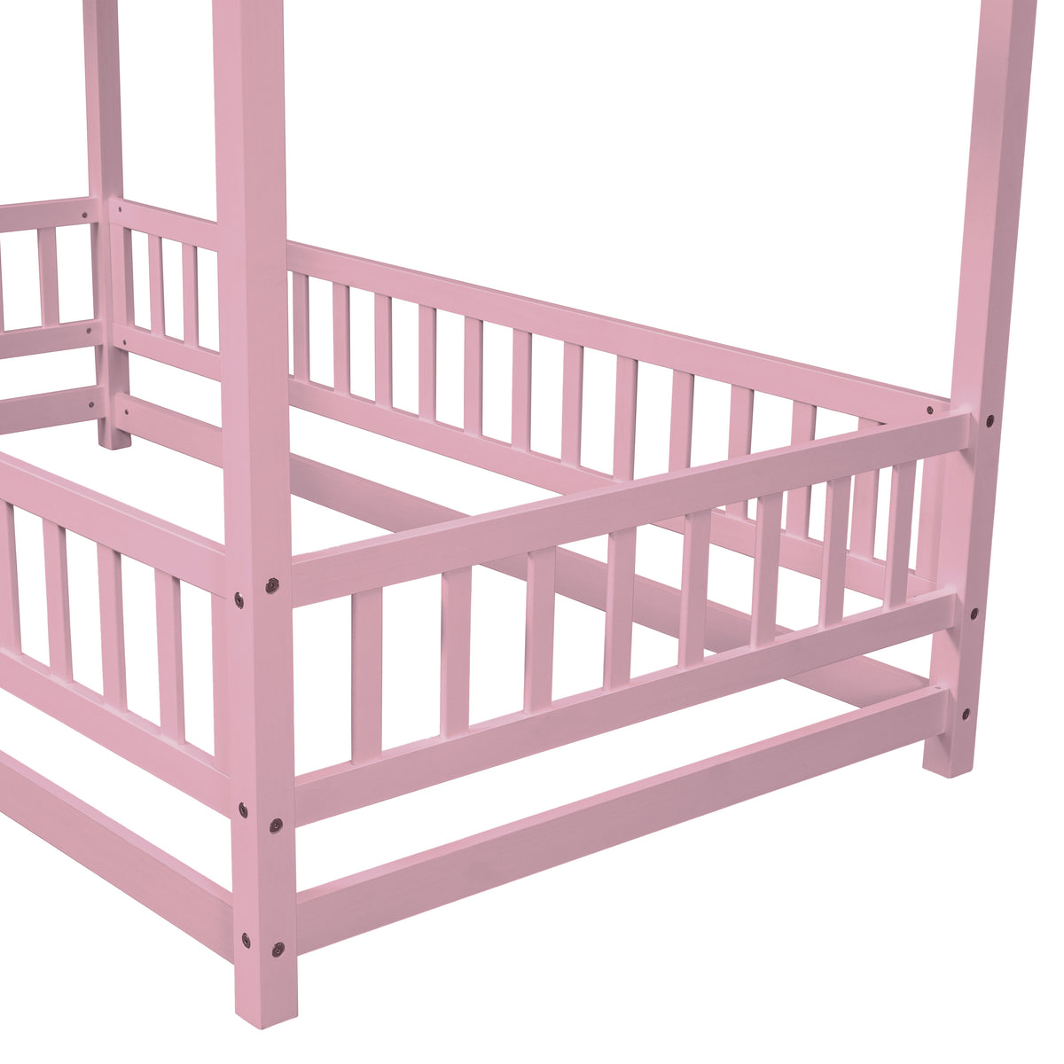 Twin Floor Bed with Fence Guardrails Pink