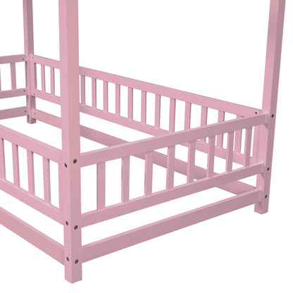 Twin Floor Bed with Fence Guardrails Pink