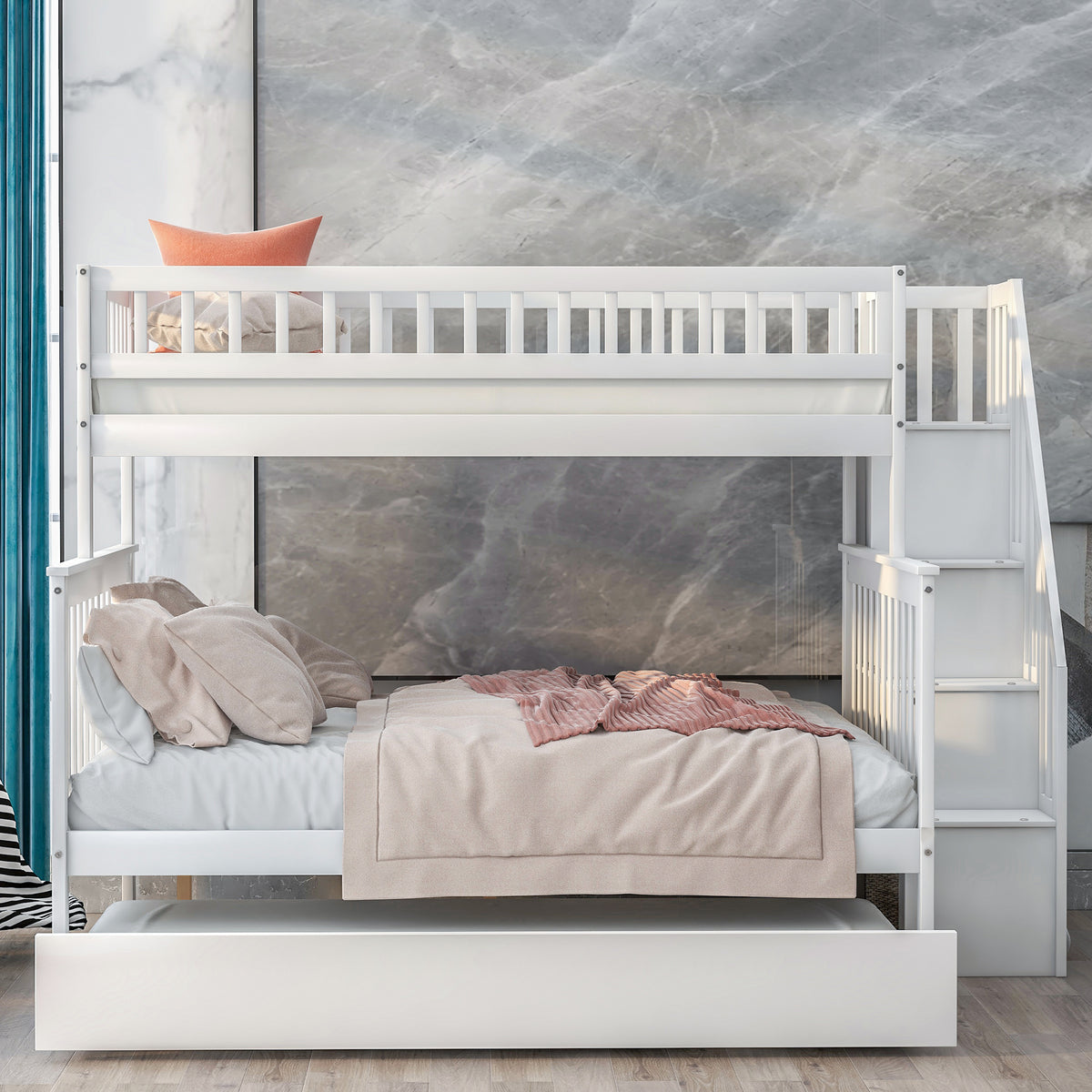 Twin Over Full Bunk Bed with Staircase White