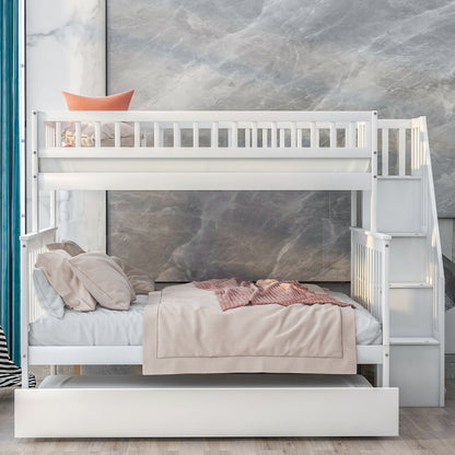 Twin Over Full Bunk Bed with Staircase White