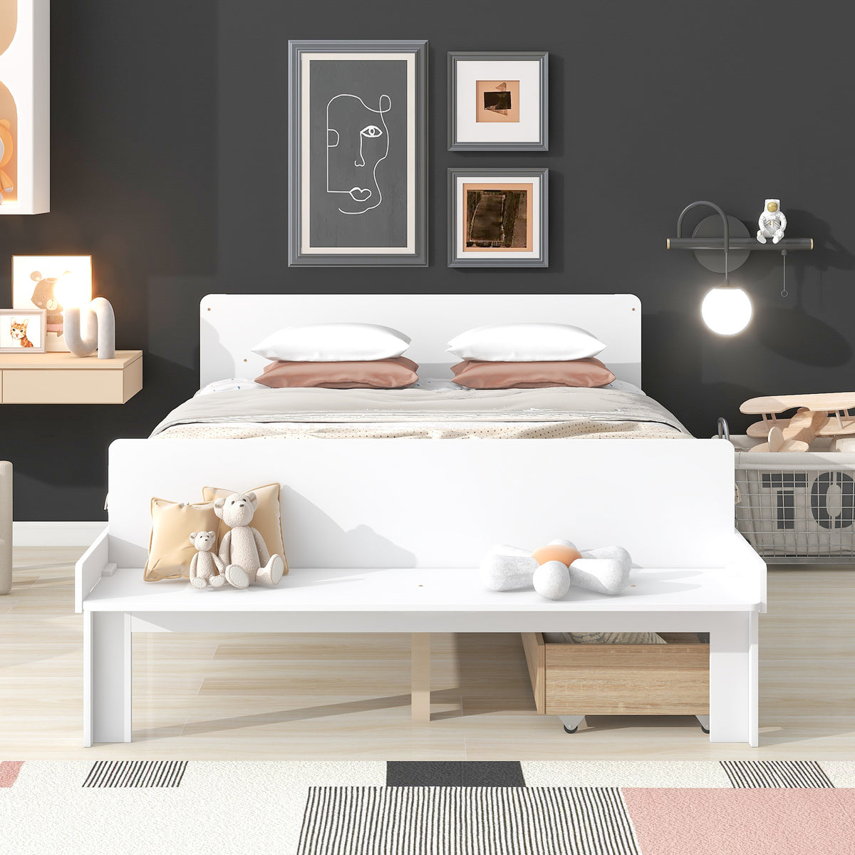 Full Bed with Bench White