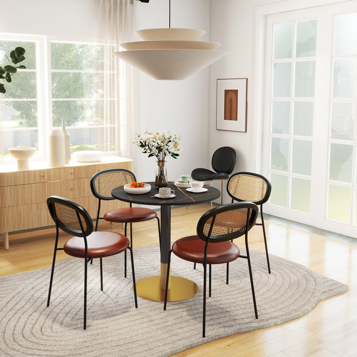 Rene Round Modern Dining Table with Faux Marble Top for Small Spaces-Black