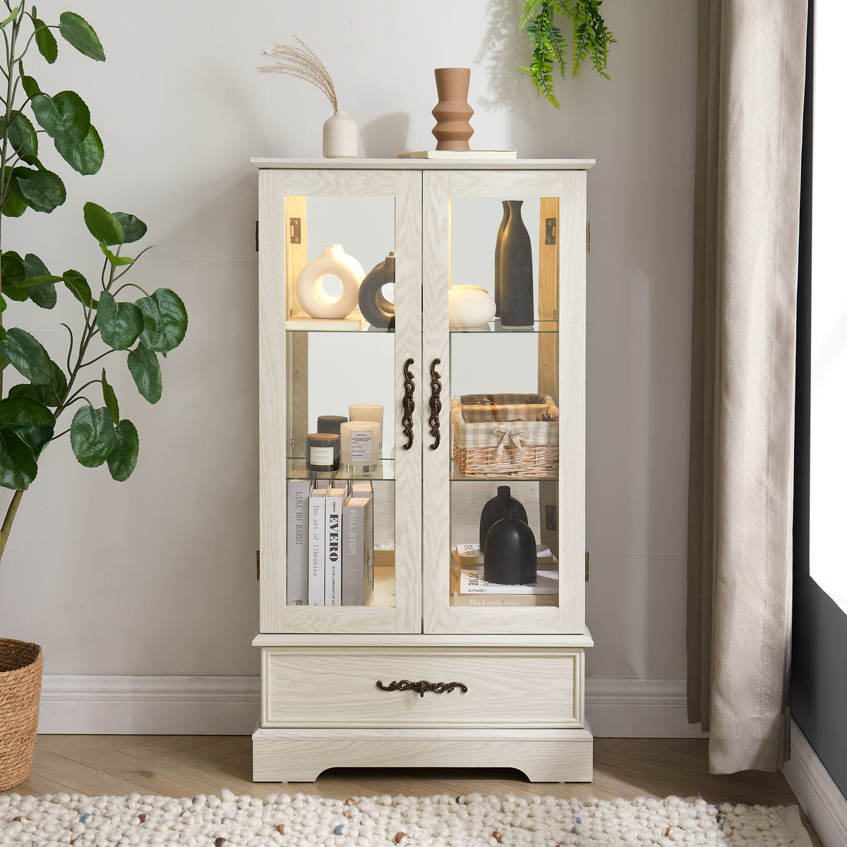 Light Oak Display Cabinet with Glass Doors and Drawer