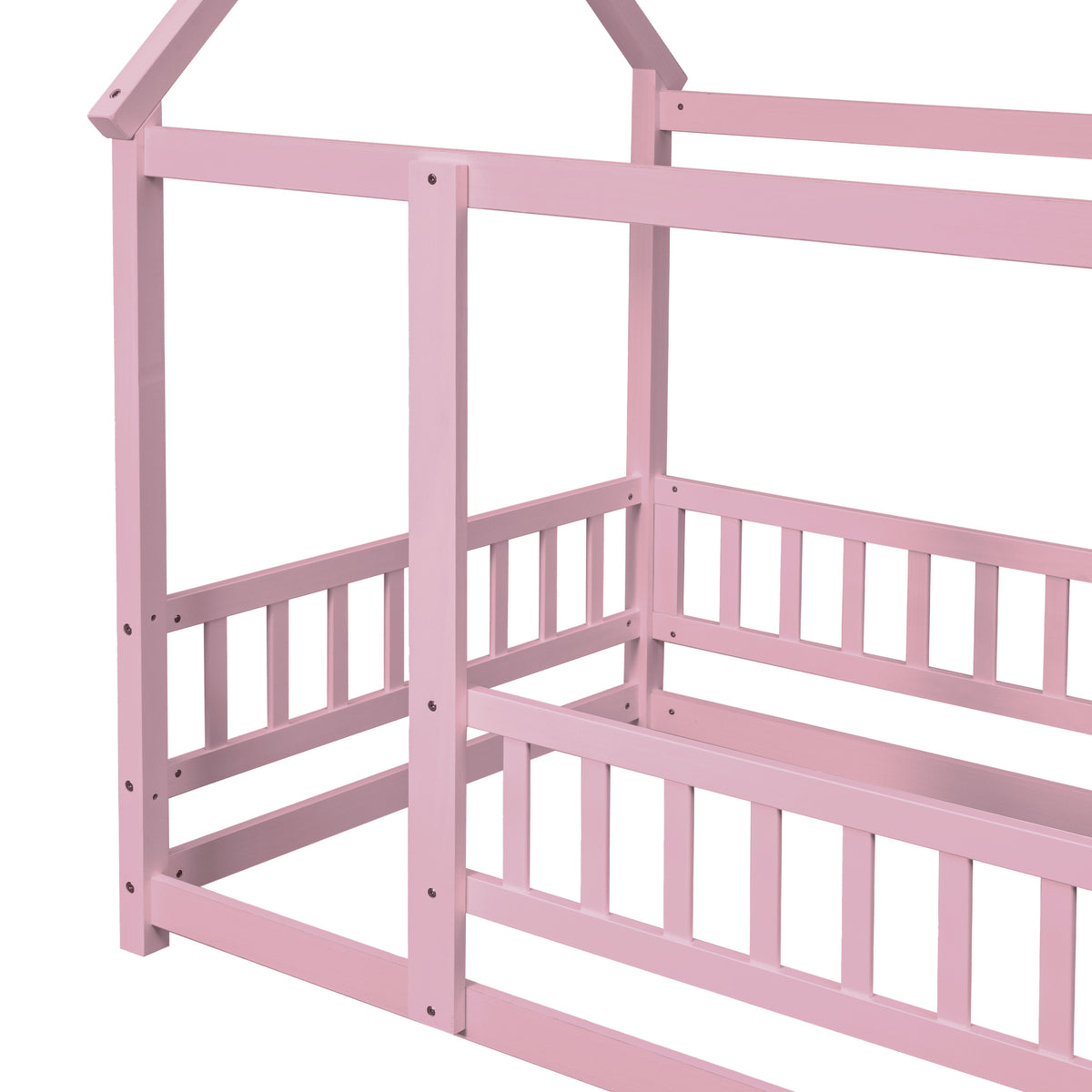 Twin Floor Bed with Fence Guardrails Pink