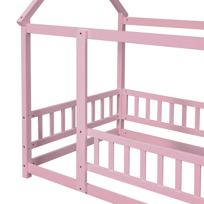 Twin Floor Bed with Fence Guardrails Pink