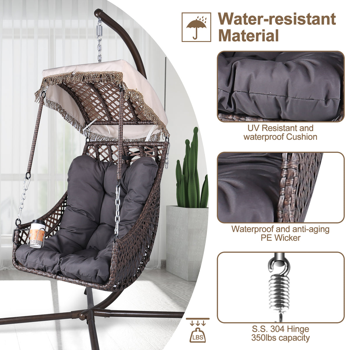 Rattan Swing Egg Chair with Stand Beige