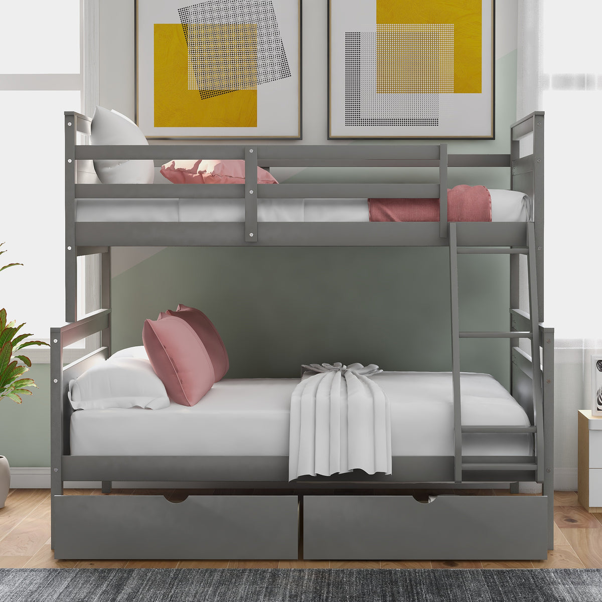 Twin Over Full Bunk Bed with Ladder Gray