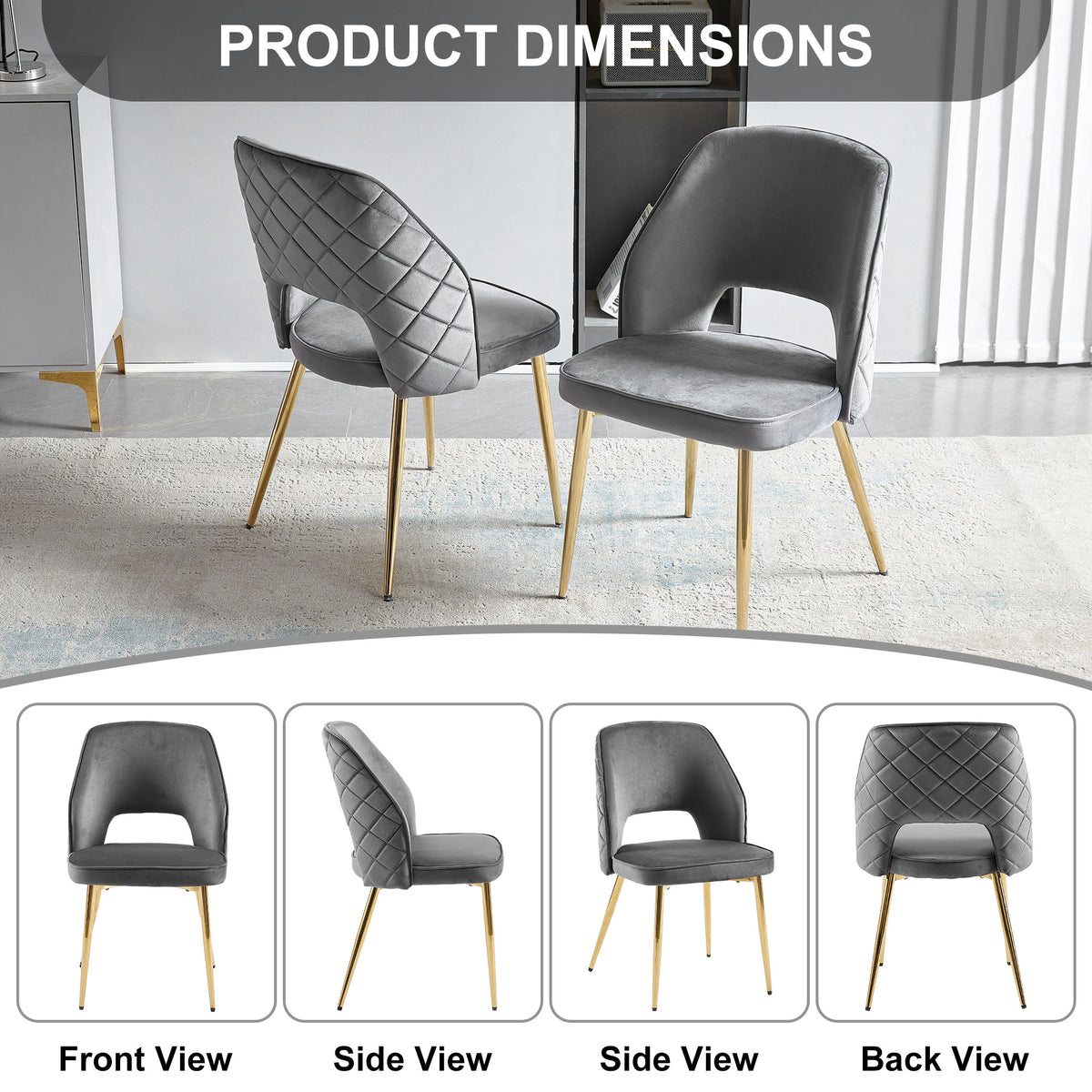 Grey Velvet Dining Chair Set (4 pcs) – Gold Legs