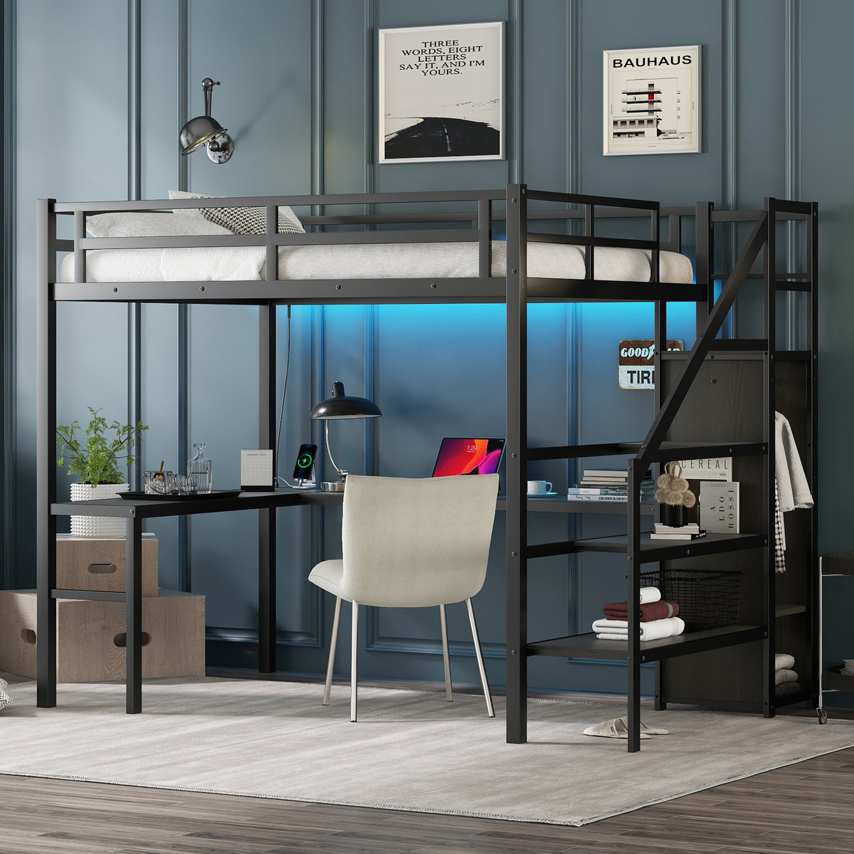 Full Loft Bed with Desk & Storage – Gray