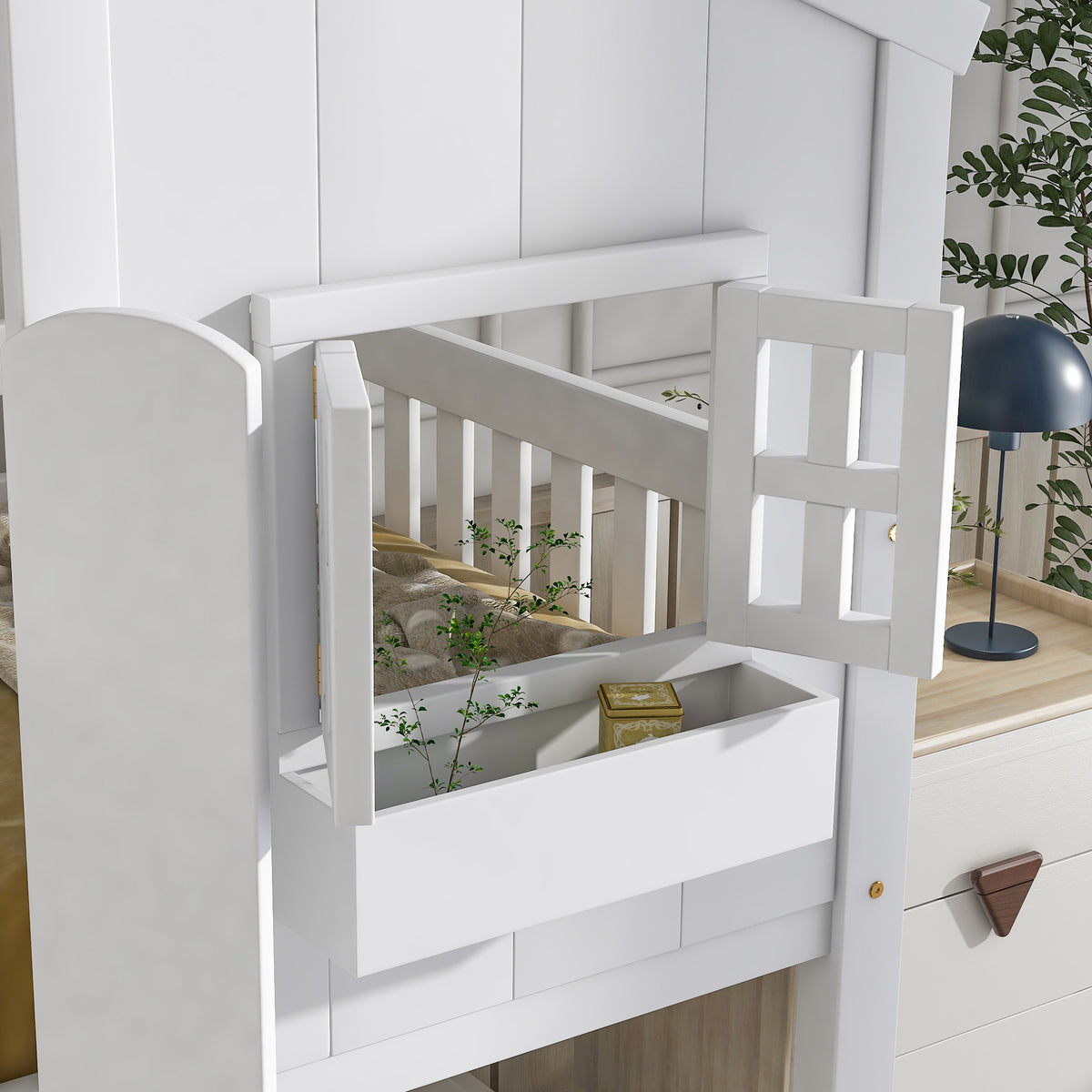 Twin House Bunk Bed with Ladder White