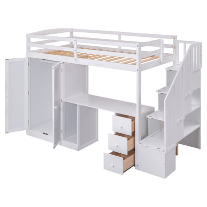 Loft Bed with Wardrobe and Storage Drawers White