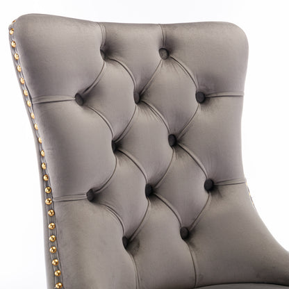 Tufted Velvet Dining Chair Set (2 pcs) – Gray & Gold Legs