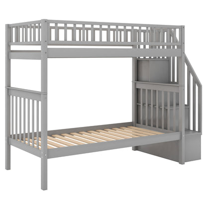 Twin Over Twin Bunk Bed with Trundle Gray