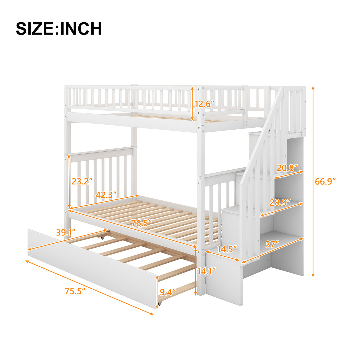Twin Bunk Bed with Trundle White