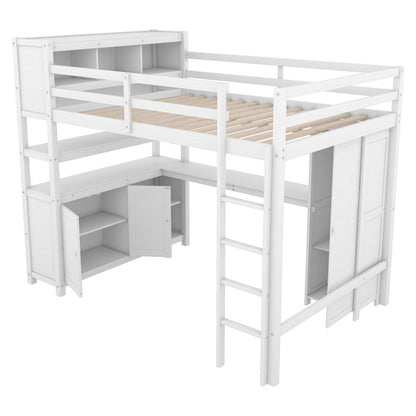 Wood Loft Bed with Bookshelf White