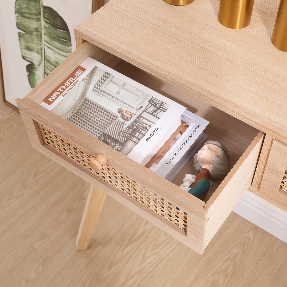 Rattan Side Table with Drawers
