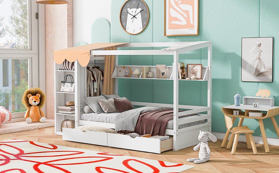 Twin House Bed with Wardrobe White
