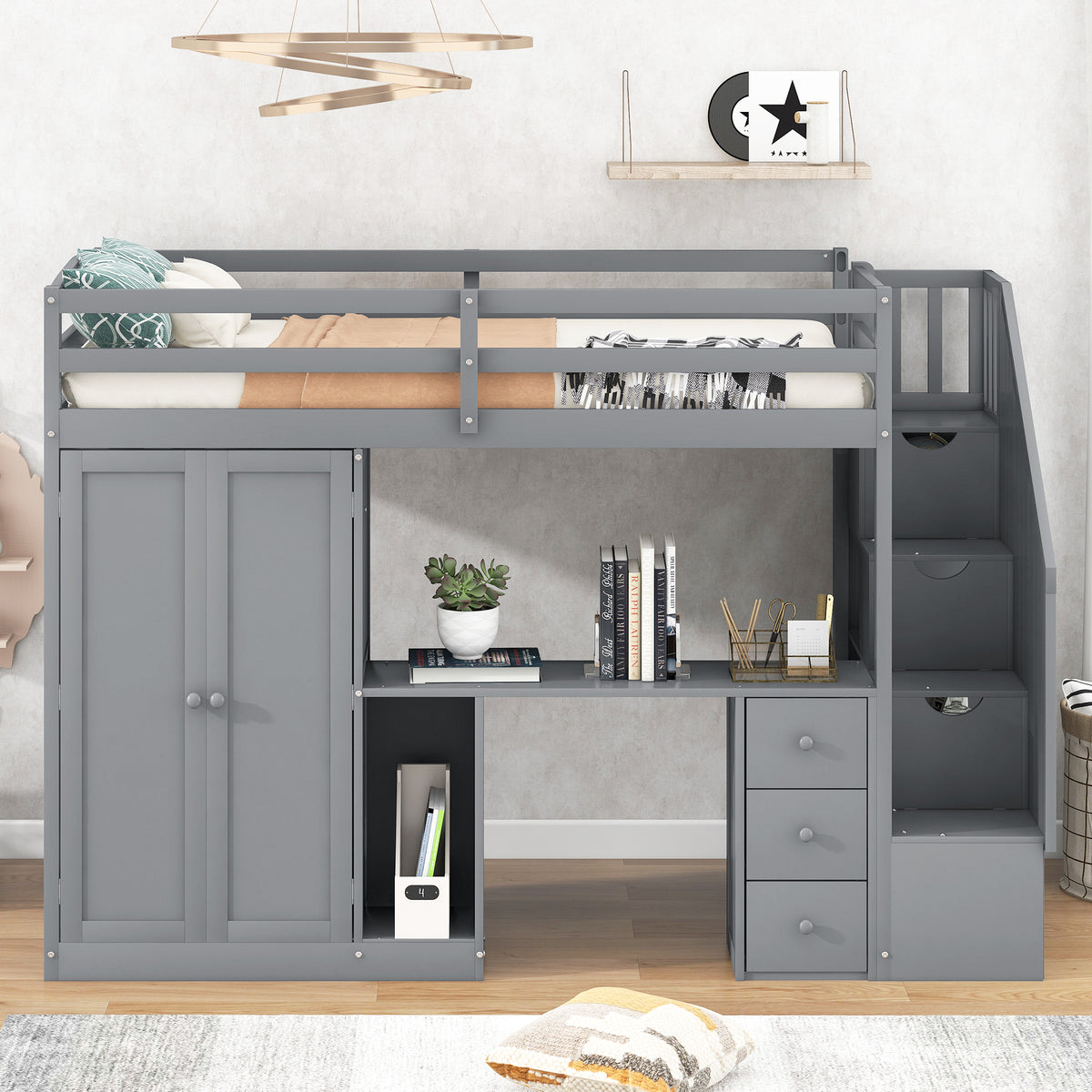 Twin Loft Bed with Wardrobe Gray