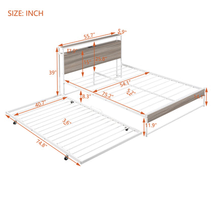 Full Metal Platform Bed with USB Ports White