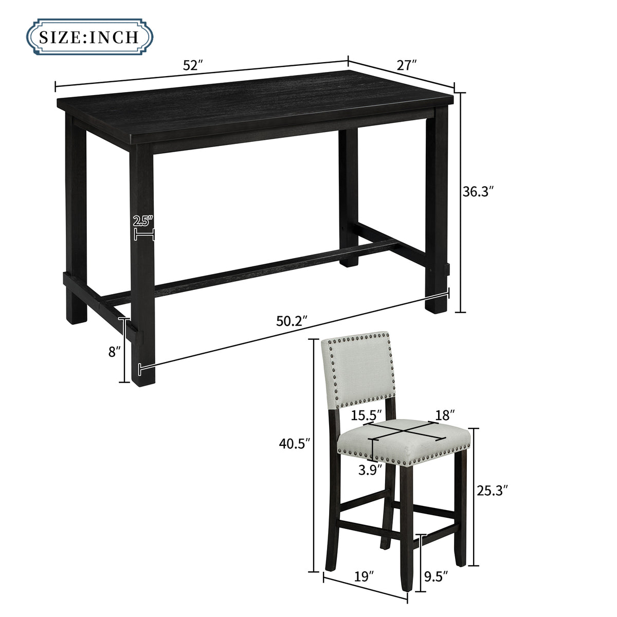 Espresso 5-Piece Counter Height Dining Set – Solid Wood Table with Upholstered Chairs