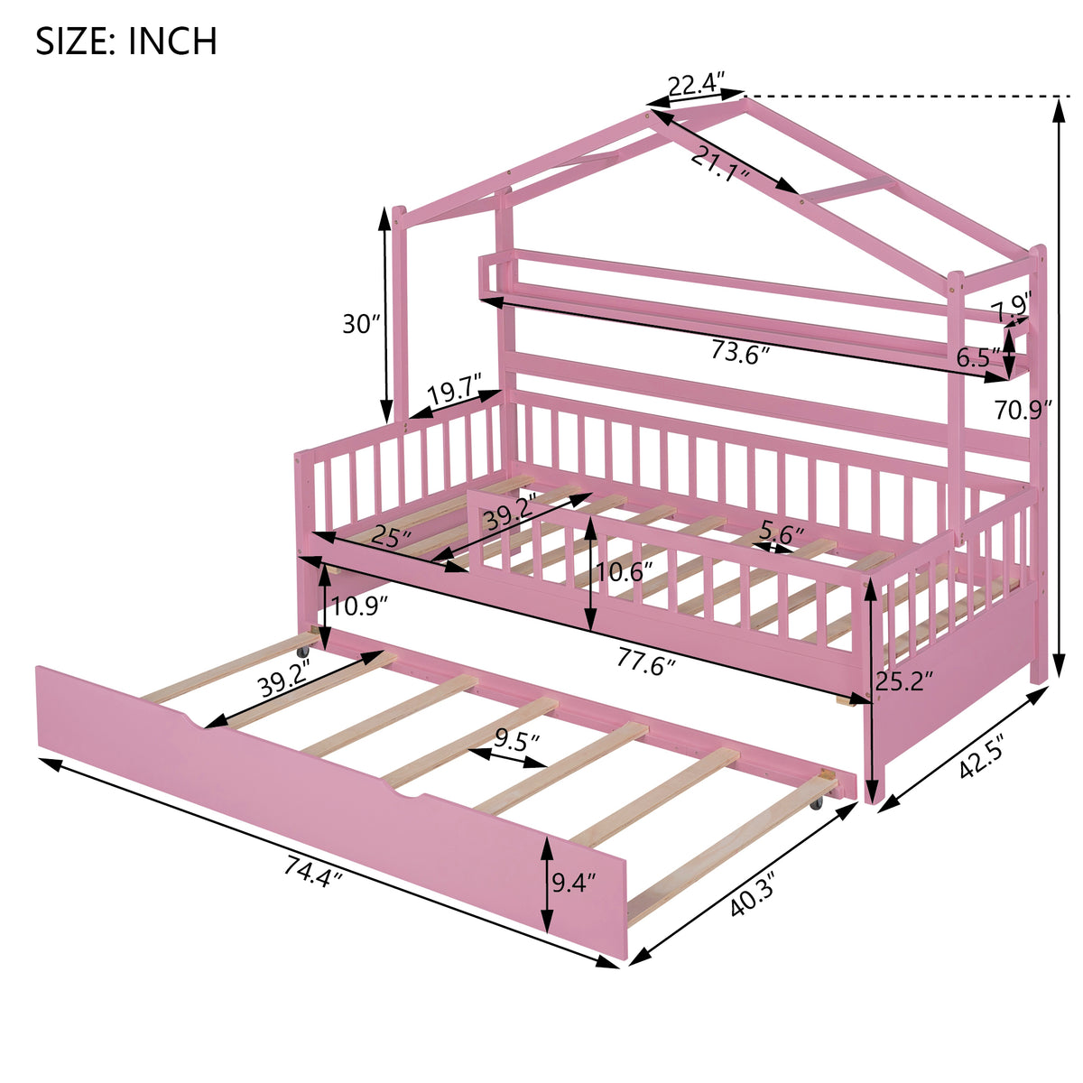 Twin House Bed with Trundle Pink