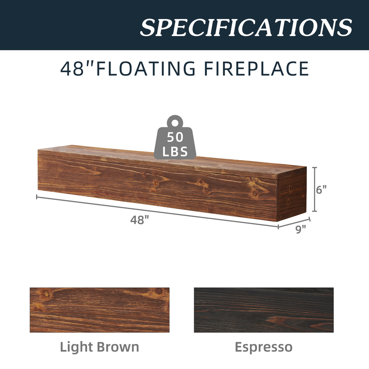 48-Inch Rustic Wood Floating Fireplace Mantel Decor
