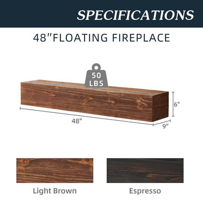 48-Inch Rustic Wood Floating Fireplace Mantel Decor