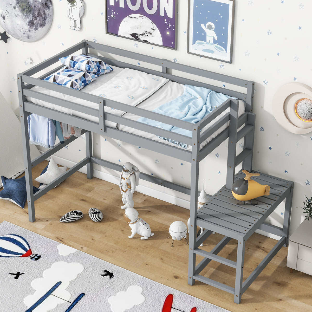 Twin Loft Bed with Ladder Gray