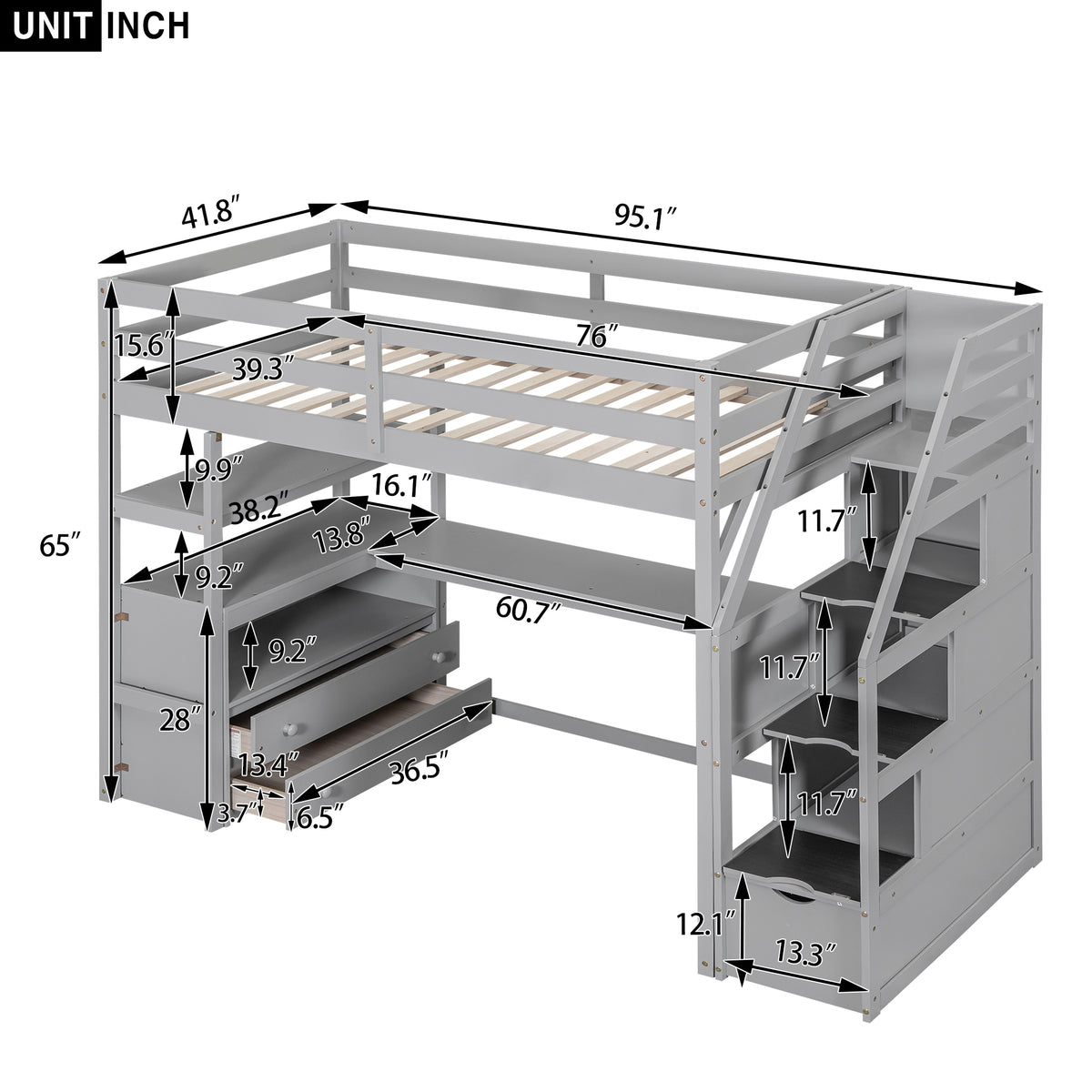 Twin Loft Bed with Storage Gray
