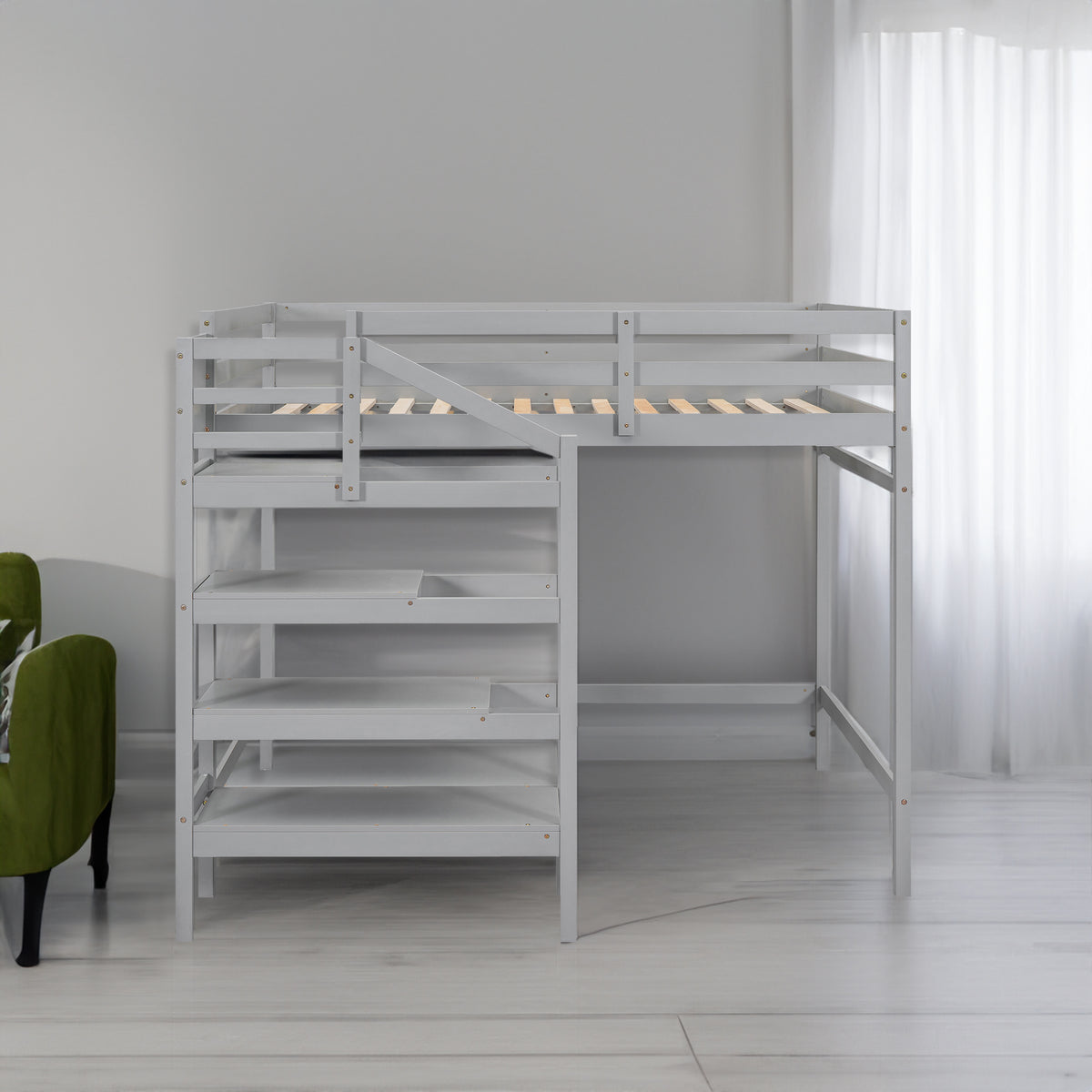 Full Loft Bed with Built-in Storage Gray