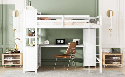 Wood Loft Bed with Bookshelf White
