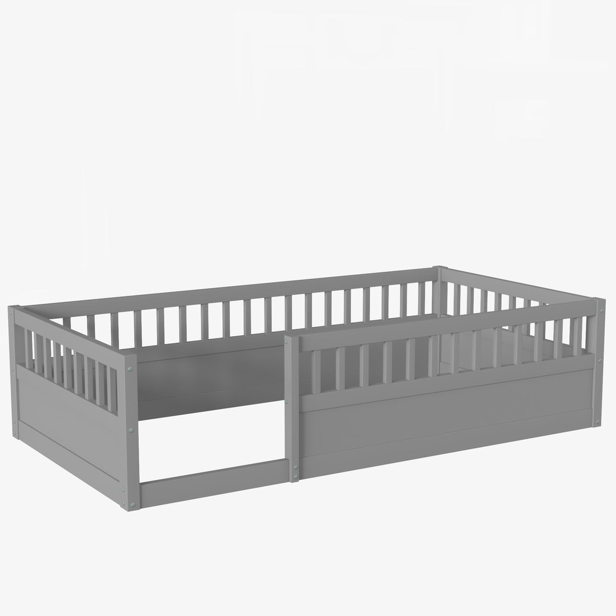 Gray Kids Floor Bed Frame with Fence