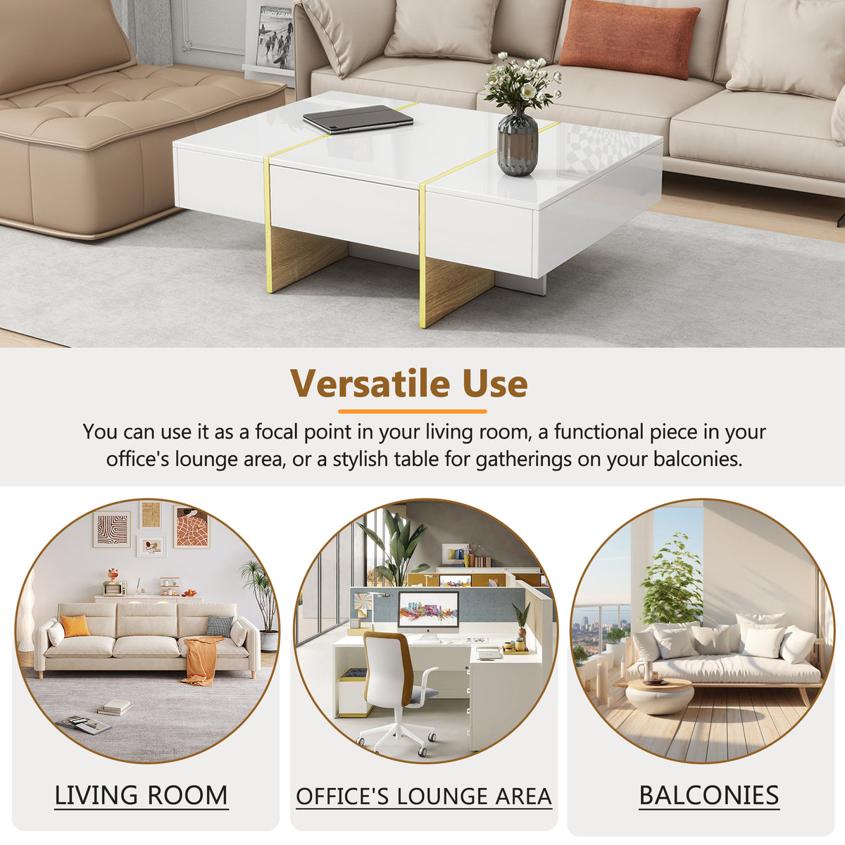 Multifunctional Table with Drawers Gold Finish