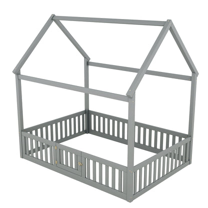 Full Wood Bed with Fence and Door Gray