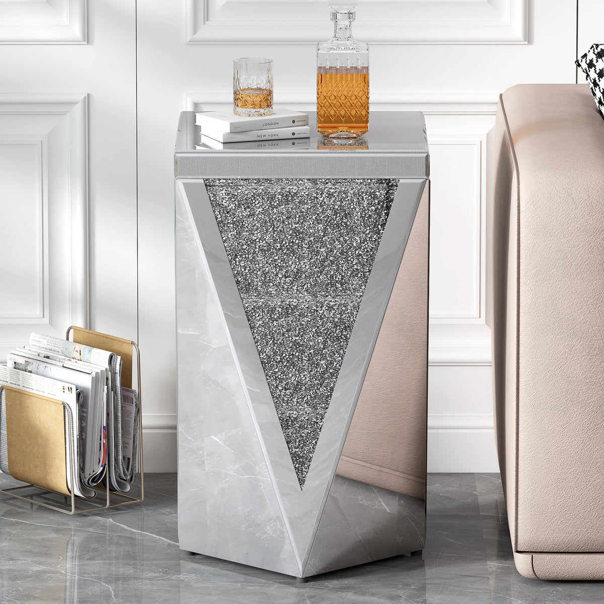 Silver Mirrored End Table with Crushed Diamond Base