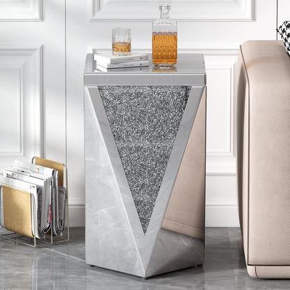 Silver Mirrored End Table with Crushed Diamond Base