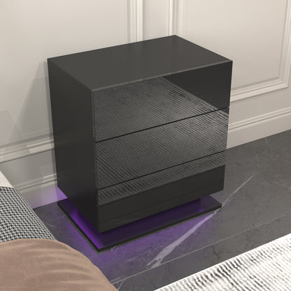 Black 3-Drawer Nightstand with RGB LED Lights – Modern Particle Board End Table with App Control
