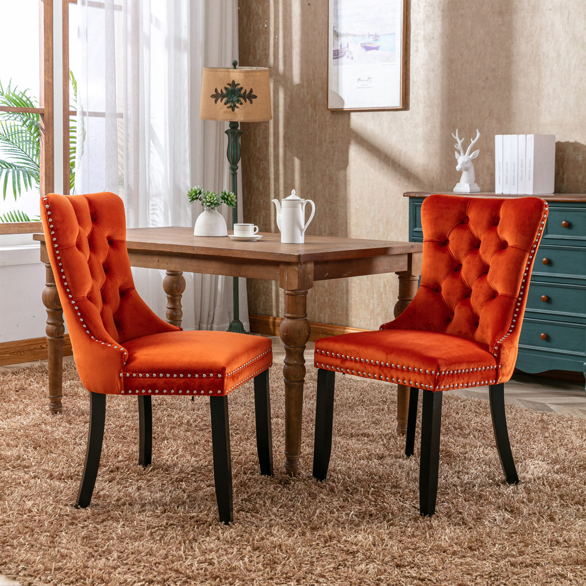 Nikki Tufted Linen Dining Chair Set (2 pcs) – Orange