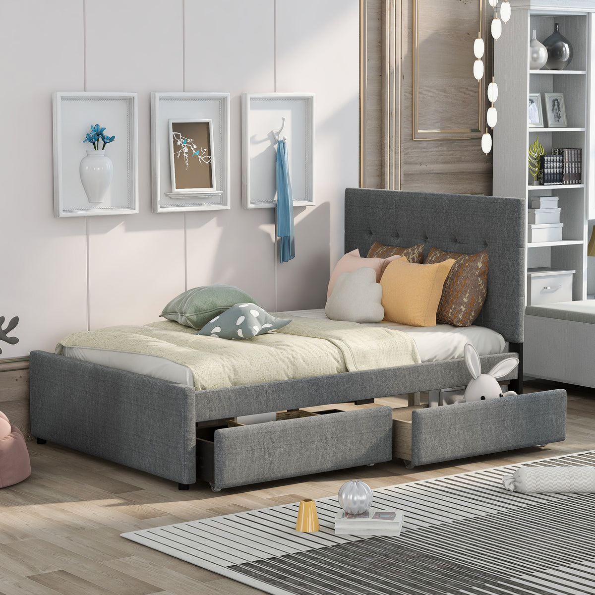 Linen Platform Bed with Headboard White