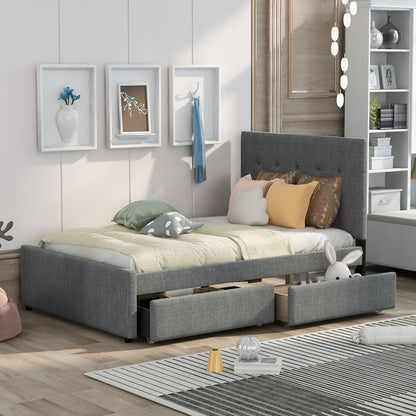 Linen Platform Bed with Headboard White