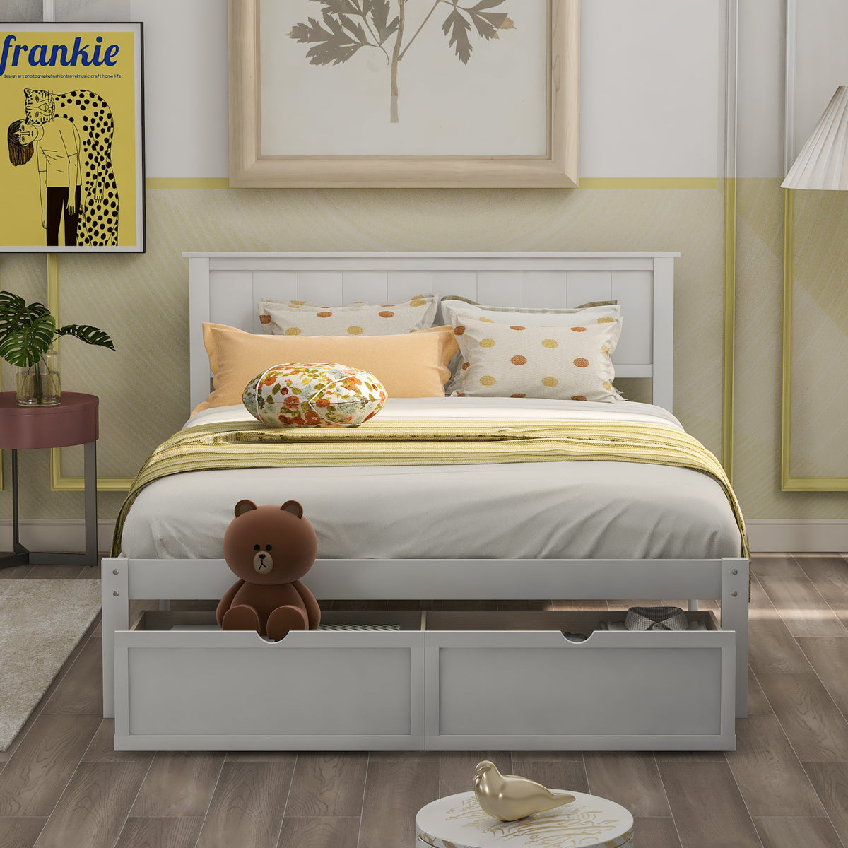 Full Platform Bed with Drawers White
