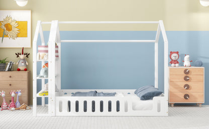 Full Platform Bed with Storage Shelves White