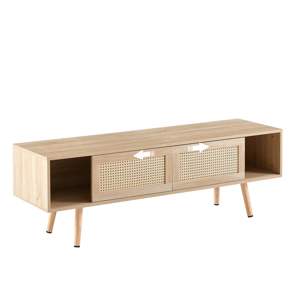 Rattan Wood TV Console – Adjustable Doors, Natural Finish