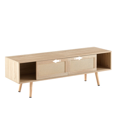 Rattan Wood TV Console – Adjustable Doors, Natural Finish