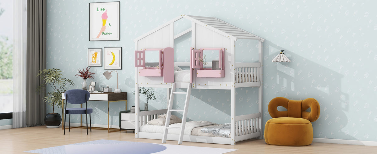 Twin House Bunk Bed with Ladder Pink White