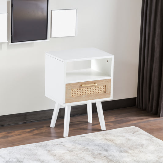 Rattan End Table with Solid Wood Legs White
