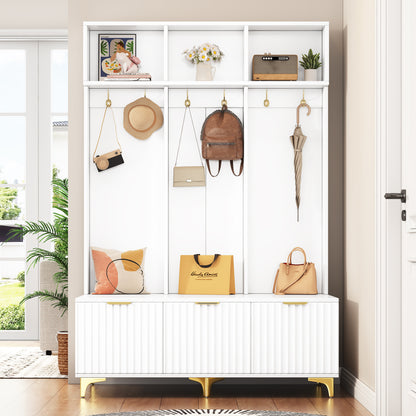 Luxury Storage Hall Bench with Gold Hooks Gray