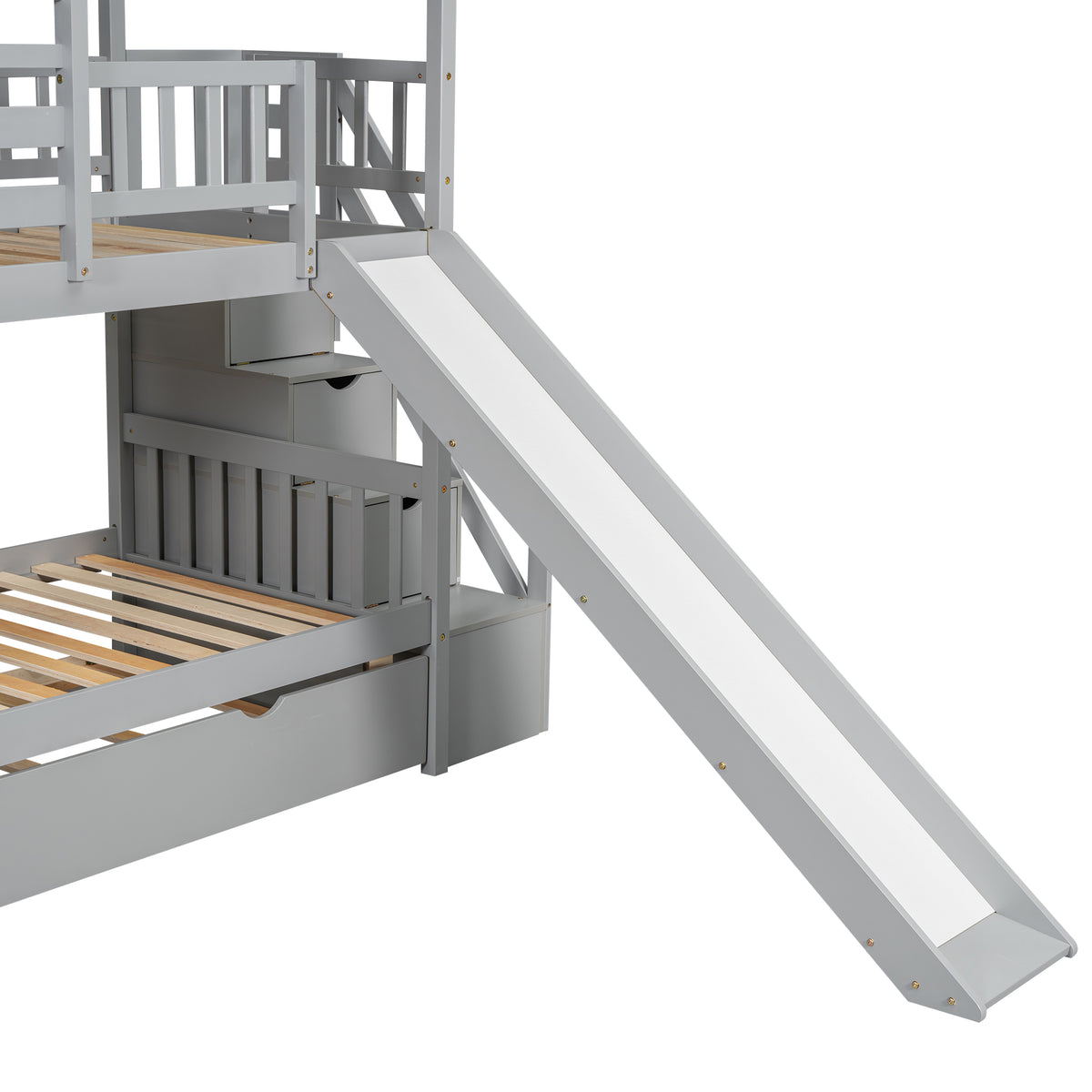 Twin Bunk Bed with Roof and Ladder Gray