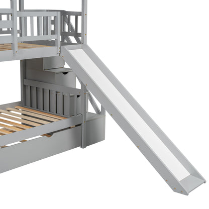 Twin Bunk Bed with Roof and Ladder Gray