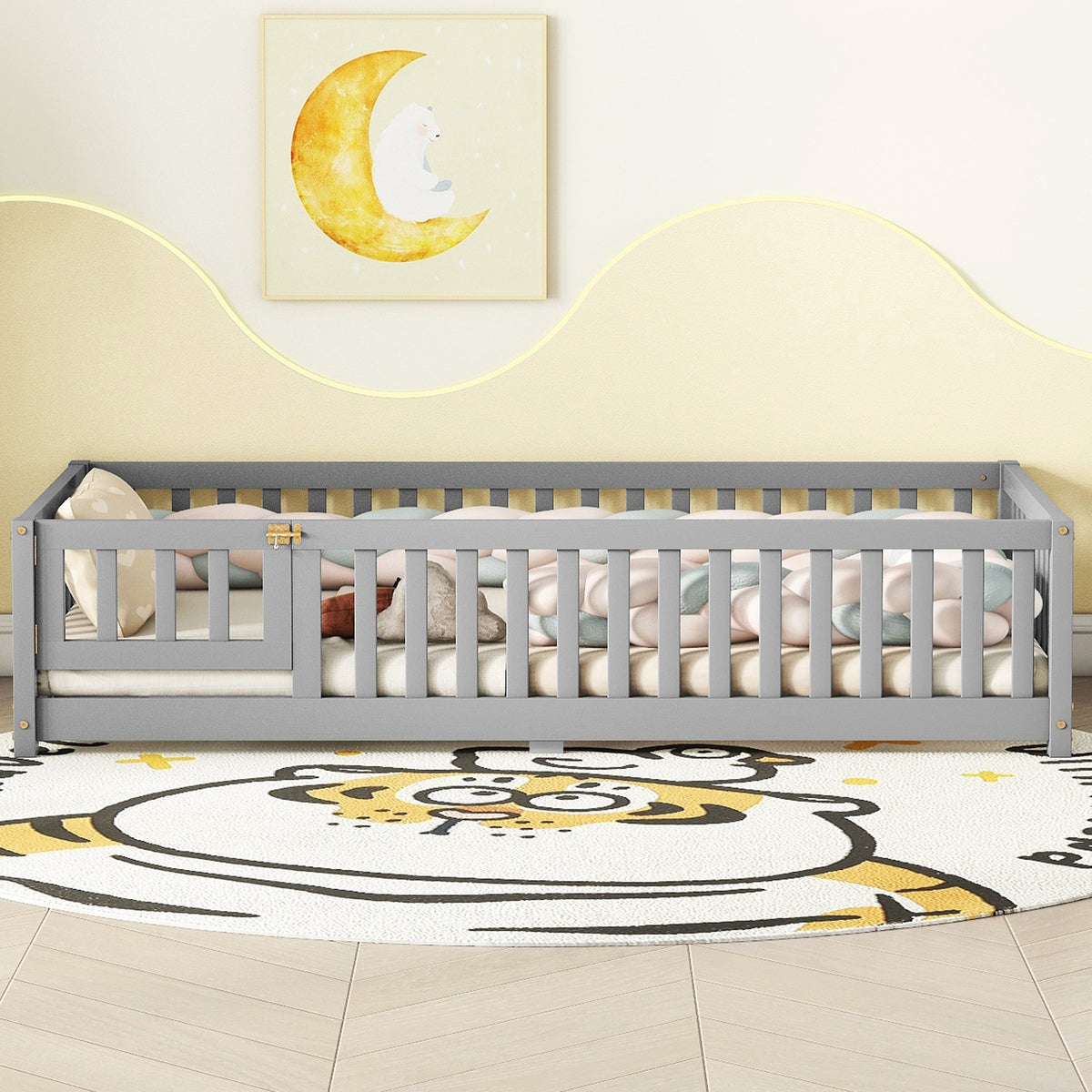 Twin Kids Bed Frame with Safety Rails – Gray